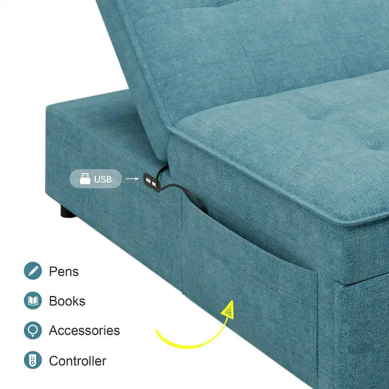 Dark Blue / White / Teal Linen 4-in-1 Convertible Sleeper Sofa, 3-Seater