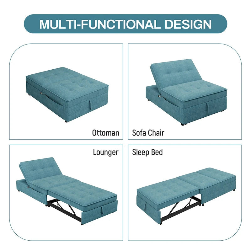 Dark Blue / White / Teal Linen 4-in-1 Convertible Sleeper Sofa, 3-Seater