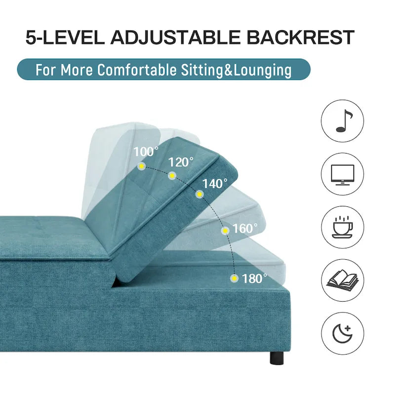 Dark Blue / White / Teal Linen 4-in-1 Convertible Sleeper Sofa, 3-Seater