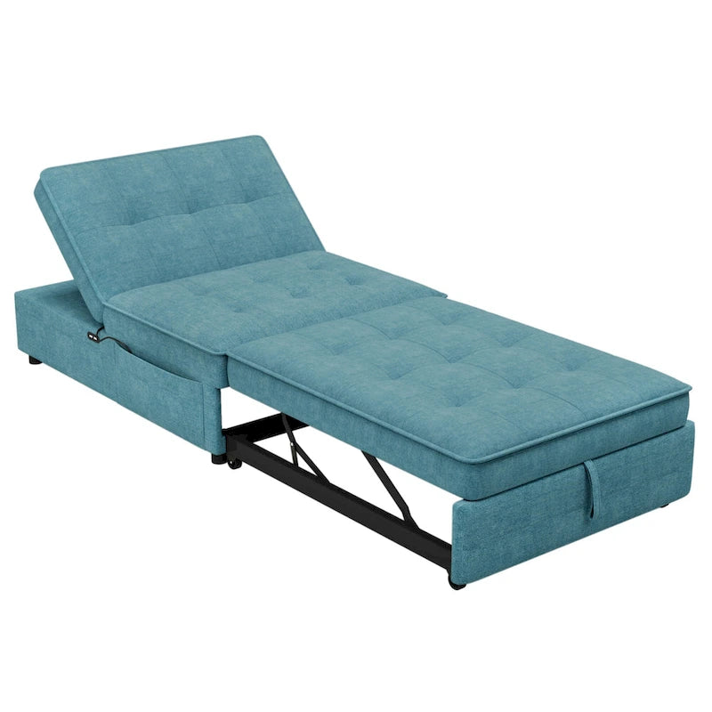 Dark Blue / White / Teal Linen 4-in-1 Convertible Sleeper Sofa, 3-Seater