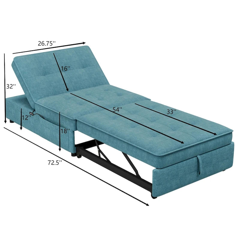 Dark Blue / White / Teal Linen 4-in-1 Convertible Sleeper Sofa, 3-Seater