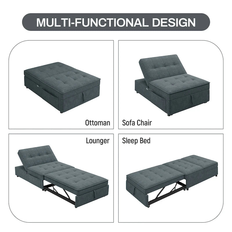 Dark Blue / White / Teal Linen 4-in-1 Convertible Sleeper Sofa, 3-Seater