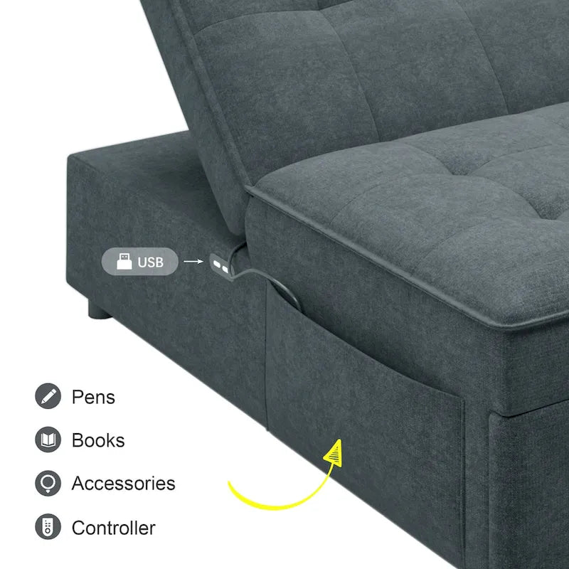 Dark Blue / White / Teal Linen 4-in-1 Convertible Sleeper Sofa, 3-Seater