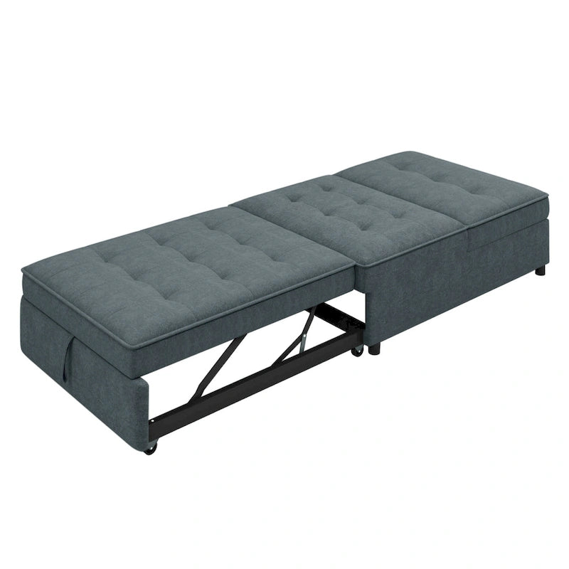 Dark Blue / White / Teal Linen 4-in-1 Convertible Sleeper Sofa, 3-Seater
