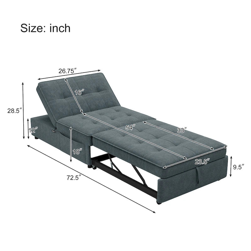 Dark Blue / White / Teal Linen 4-in-1 Convertible Sleeper Sofa, 3-Seater