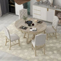 5-Piece Round Extendable Dining Set, Natural/Walnut, Seats 4 – Table + 4 Upholstered Chairs