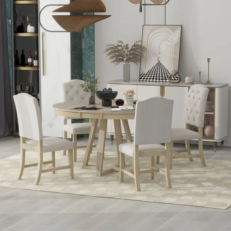 5-Piece Round Extendable Dining Set, Natural/Walnut, Seats 4 – Table + 4 Upholstered Chairs