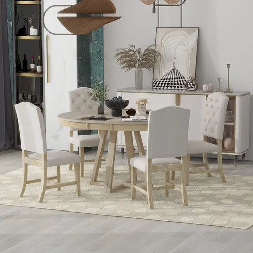 Juego de comedor redondo extensible de 5 piezas, natural/nogal, para 4 personas – Mesa + 4 sillas tapizadas