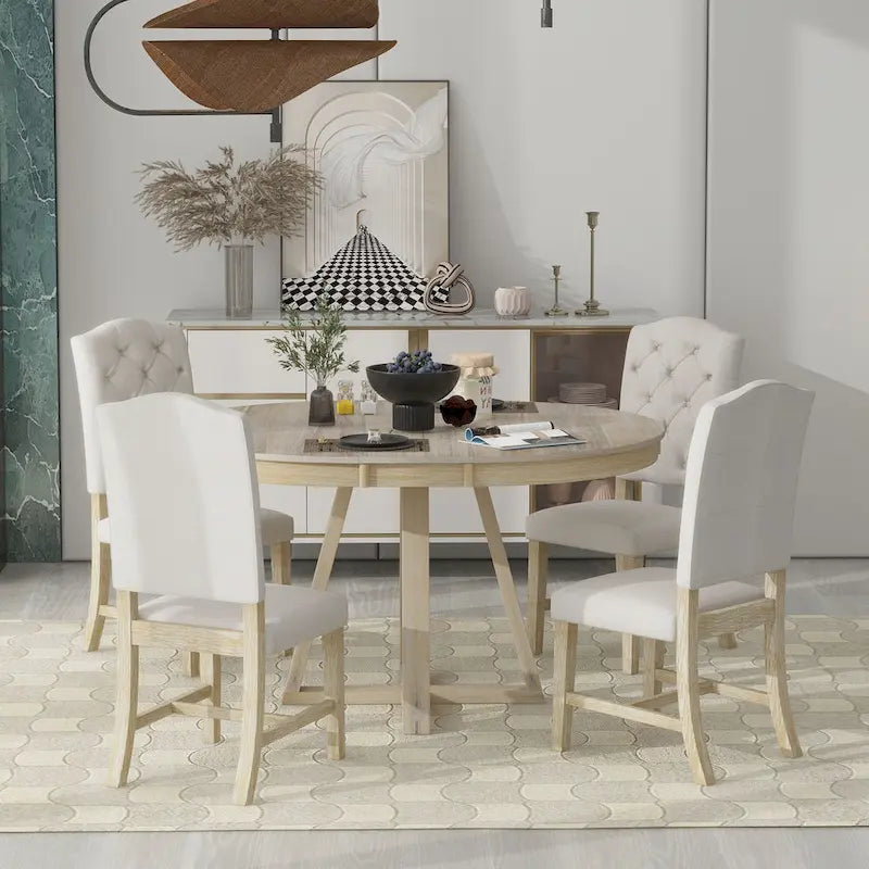 5-Piece Round Extendable Dining Set, Natural/Walnut, Seats 4 – Table + 4 Upholstered Chairs