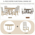 5-Piece Round Extendable Dining Set, Natural/Walnut, Seats 4 – Table + 4 Upholstered Chairs