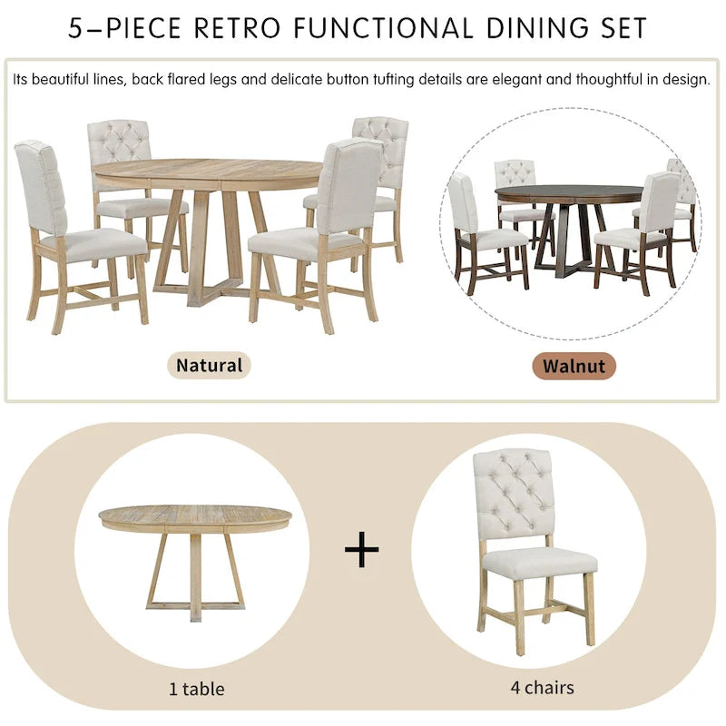 5-Piece Round Extendable Dining Set, Natural/Walnut, Seats 4 – Table + 4 Upholstered Chairs