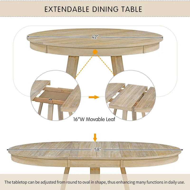 5-Piece Round Extendable Dining Set, Natural/Walnut, Seats 4 – Table + 4 Upholstered Chairs