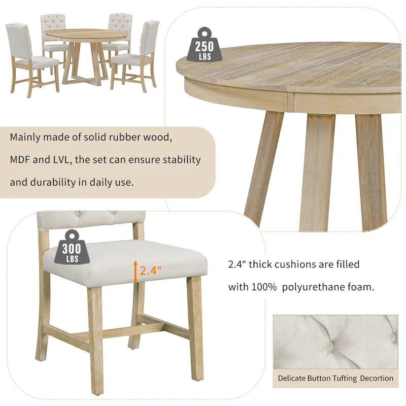 5-Piece Round Extendable Dining Set, Natural/Walnut, Seats 4 – Table + 4 Upholstered Chairs
