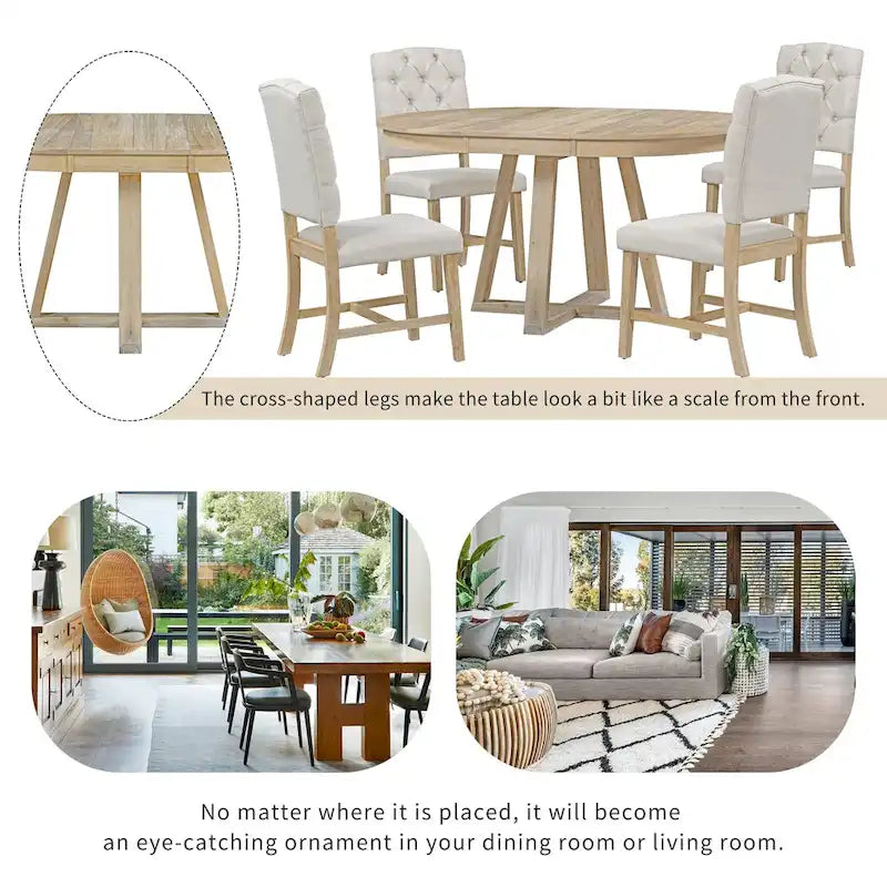 5-Piece Round Extendable Dining Set, Natural/Walnut, Seats 4 – Table + 4 Upholstered Chairs