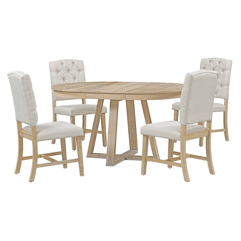 5-Piece Round Extendable Dining Set, Natural/Walnut, Seats 4 – Table + 4 Upholstered Chairs