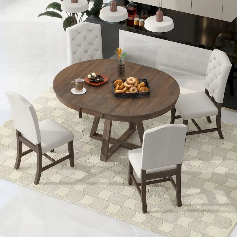 5-Piece Round Extendable Dining Set, Natural/Walnut, Seats 4 – Table + 4 Upholstered Chairs