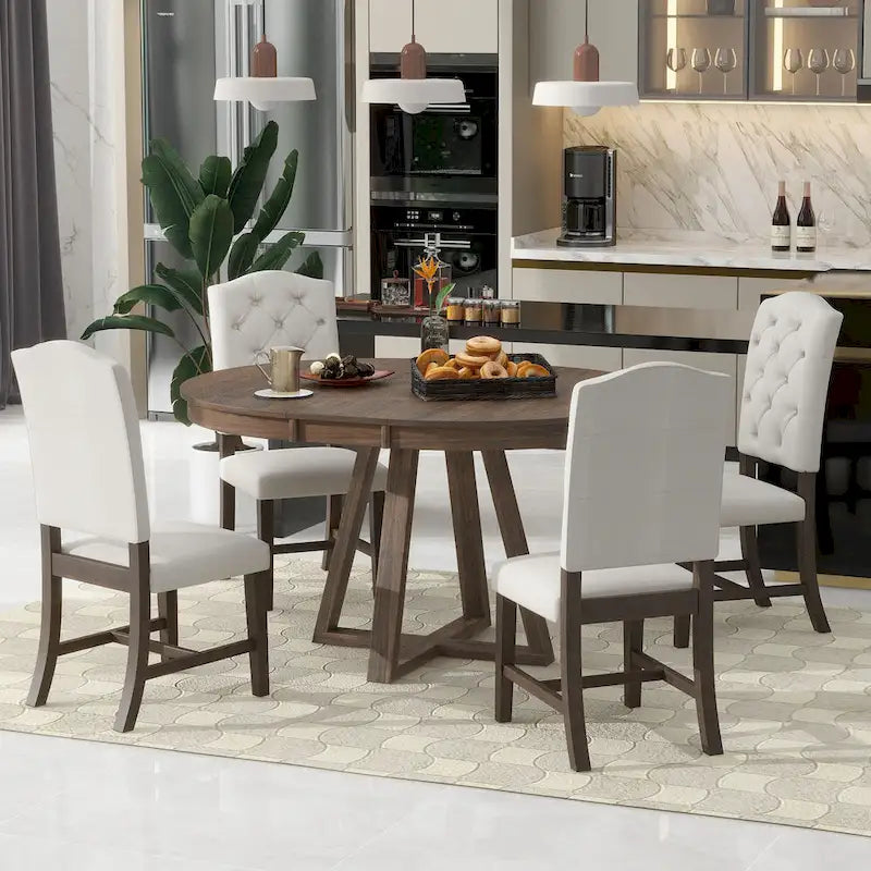 5-Piece Round Extendable Dining Set, Natural/Walnut, Seats 4 – Table + 4 Upholstered Chairs