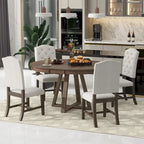 5-Piece Round Extendable Dining Set, Natural/Walnut, Seats 4 – Table + 4 Upholstered Chairs