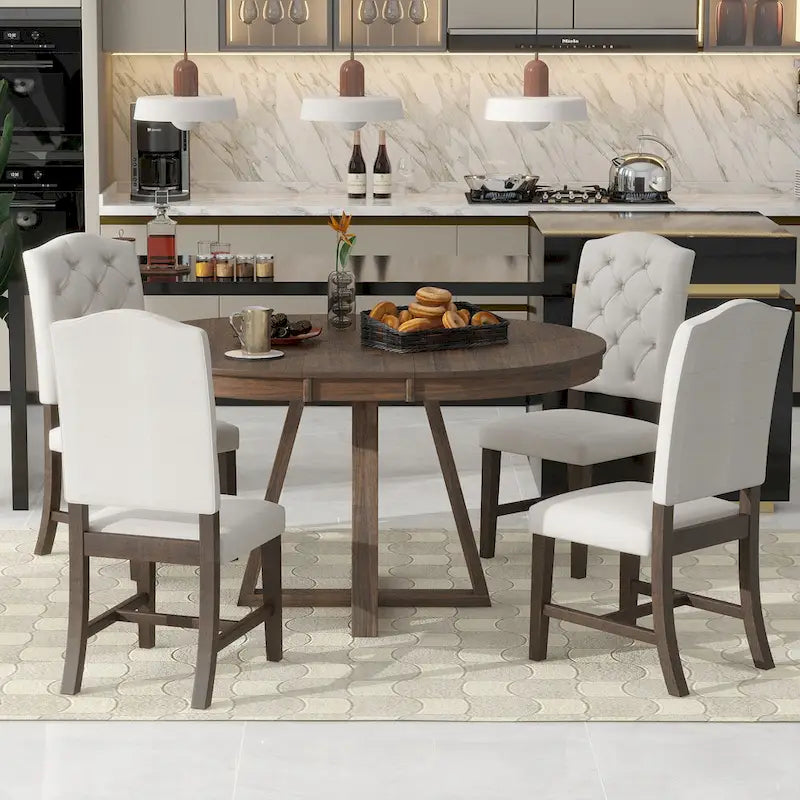 5-Piece Round Extendable Dining Set, Natural/Walnut, Seats 4 – Table + 4 Upholstered Chairs