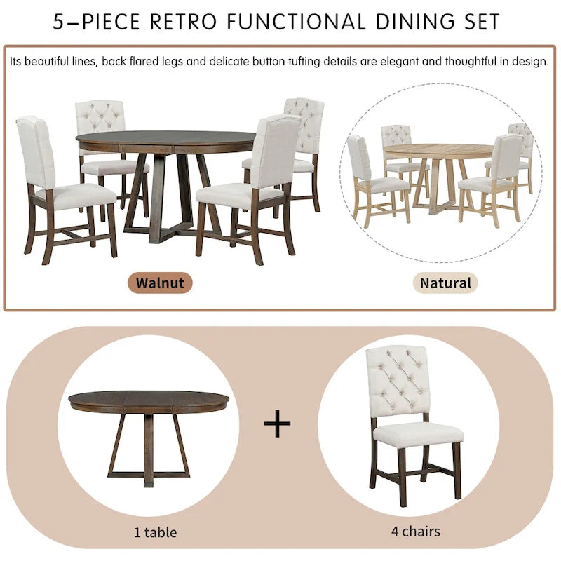 5-Piece Round Extendable Dining Set, Natural/Walnut, Seats 4 – Table + 4 Upholstered Chairs