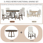 5-Piece Round Extendable Dining Set, Natural/Walnut, Seats 4 – Table + 4 Upholstered Chairs