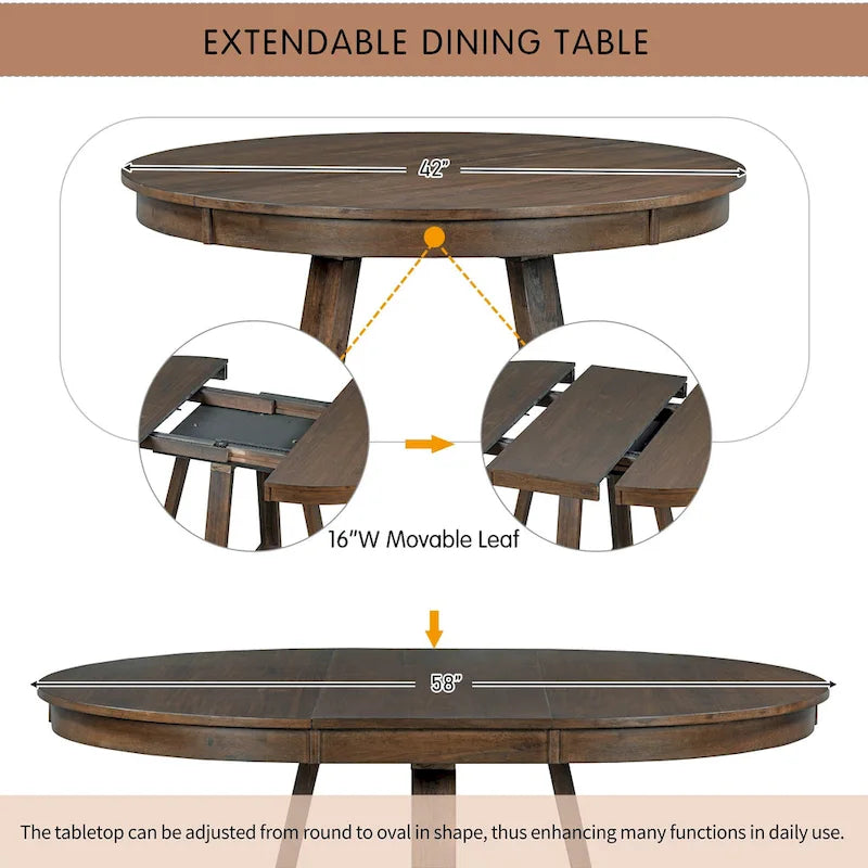 5-Piece Round Extendable Dining Set, Natural/Walnut, Seats 4 – Table + 4 Upholstered Chairs
