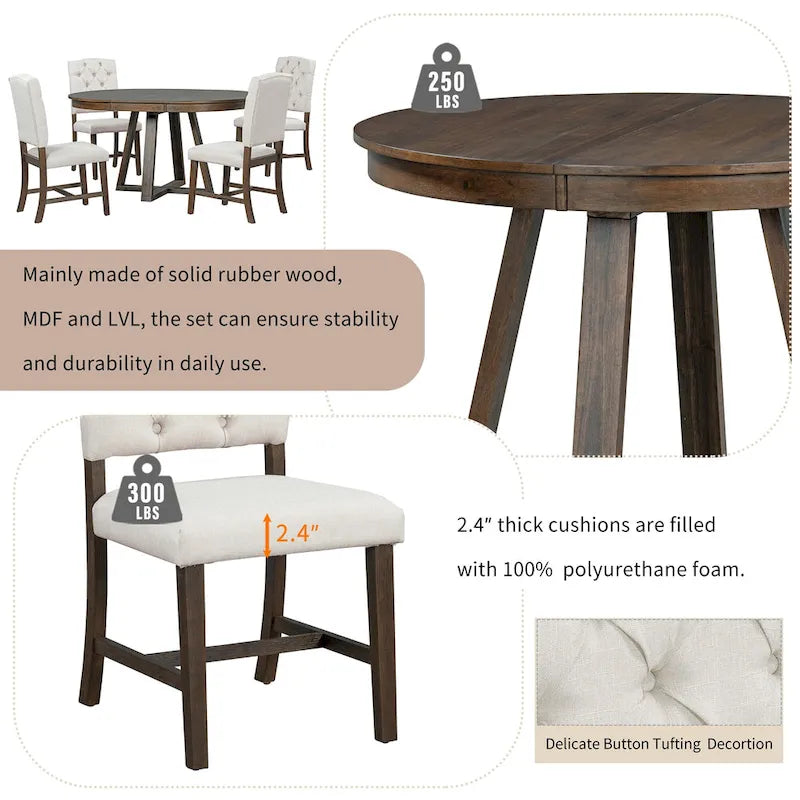 5-Piece Round Extendable Dining Set, Natural/Walnut, Seats 4 – Table + 4 Upholstered Chairs