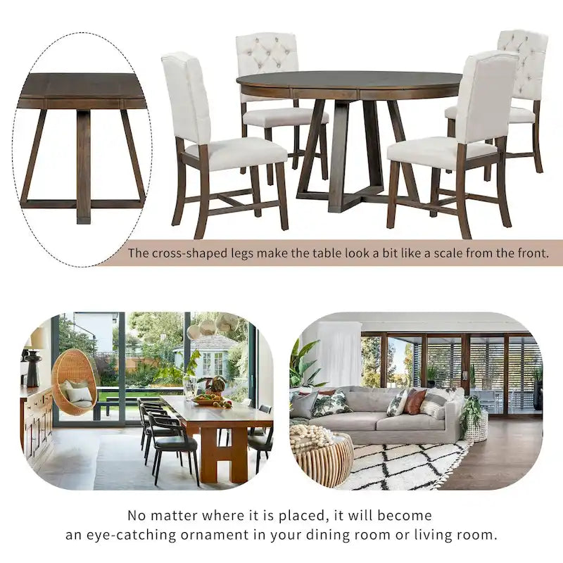 5-Piece Round Extendable Dining Set, Natural/Walnut, Seats 4 – Table + 4 Upholstered Chairs