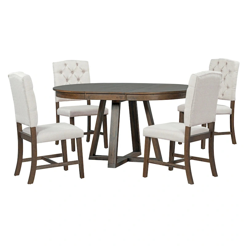5-Piece Round Extendable Dining Set, Natural/Walnut, Seats 4 – Table + 4 Upholstered Chairs
