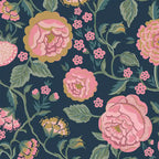 Papel tapiz azul marino con diseño de jardín de fresas