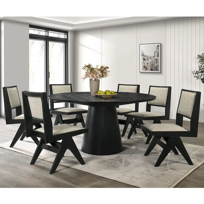 Black Round Dining Table Set for 7, Pedestal Base, Fabric Upholstered Chairs