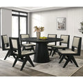 Black Round Dining Table Set for 7, Pedestal Base, Fabric Upholstered Chairs
