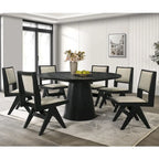 Black Round Dining Table Set for 7, Pedestal Base, Fabric Upholstered Chairs
