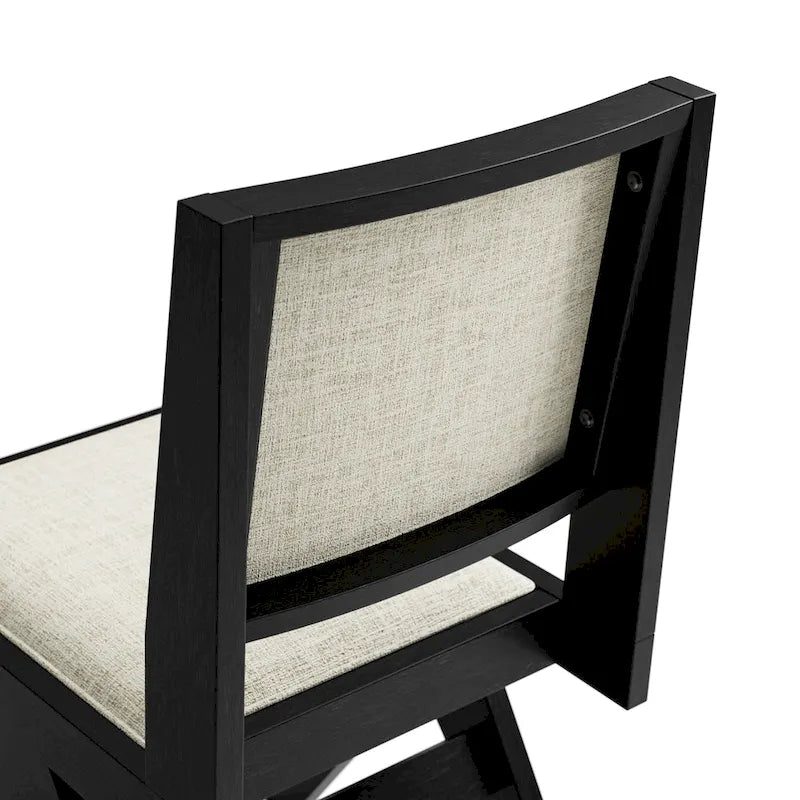 Black Round Dining Table Set for 7, Pedestal Base, Fabric Upholstered Chairs