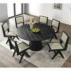 Black Round Dining Table Set for 7, Pedestal Base, Fabric Upholstered Chairs