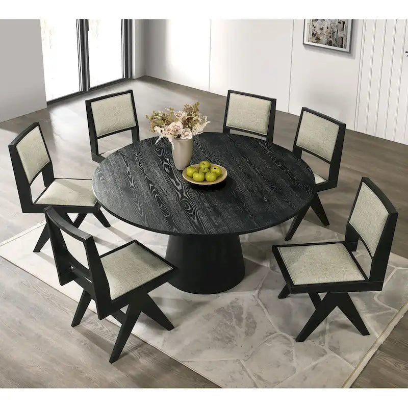 Black Round Dining Table Set for 7, Pedestal Base, Fabric Upholstered Chairs