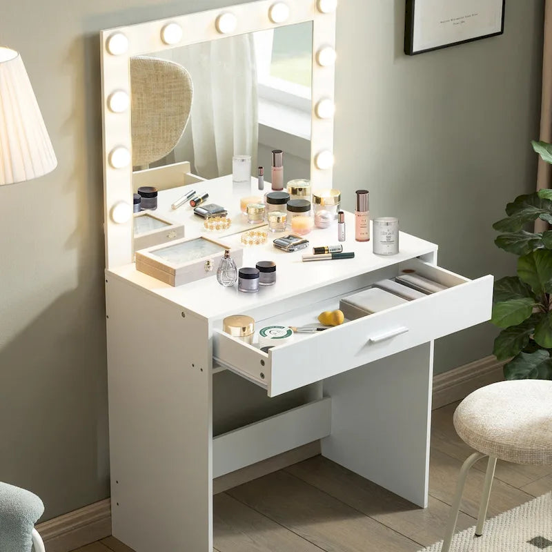 Pink/White/Black Vanity Dressing Table with 11 LED Bulbs, 1 Person