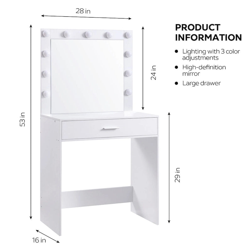Pink/White/Black Vanity Dressing Table with 11 LED Bulbs, 1 Person