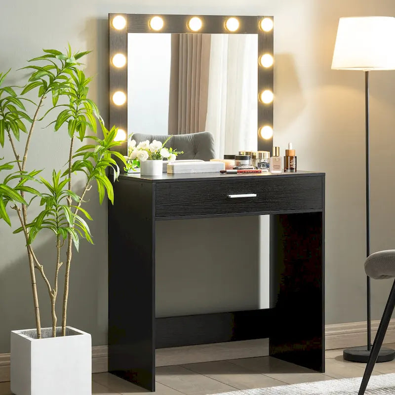 Pink/White/Black Vanity Dressing Table with 11 LED Bulbs, 1 Person