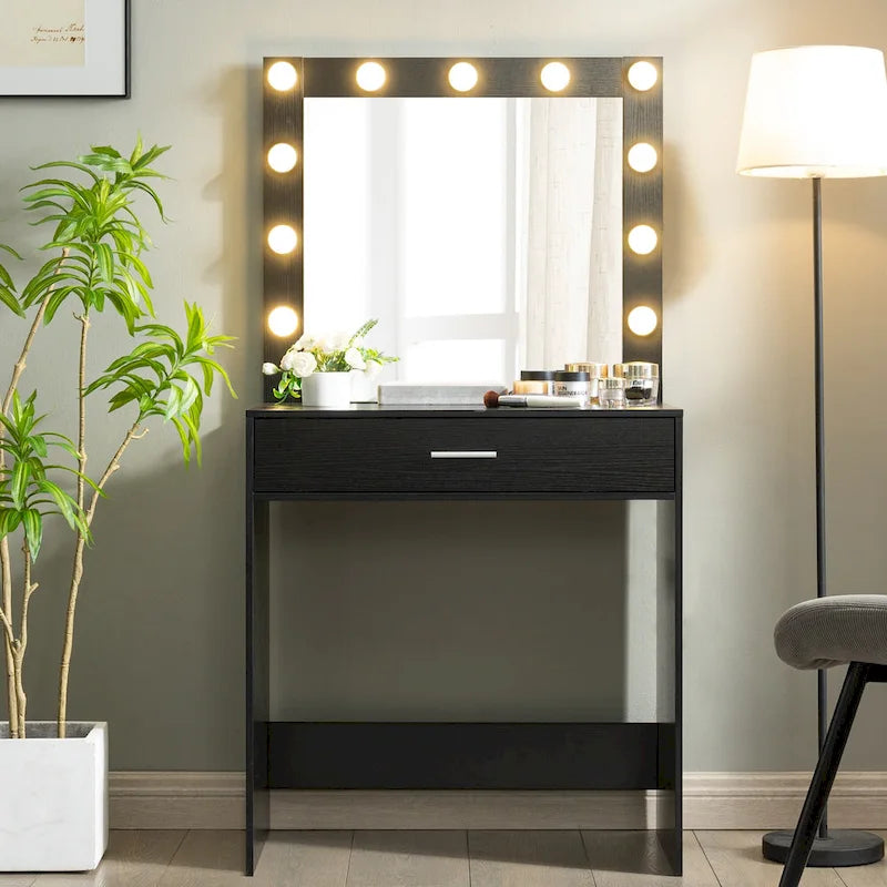 Pink/White/Black Vanity Dressing Table with 11 LED Bulbs, 1 Person
