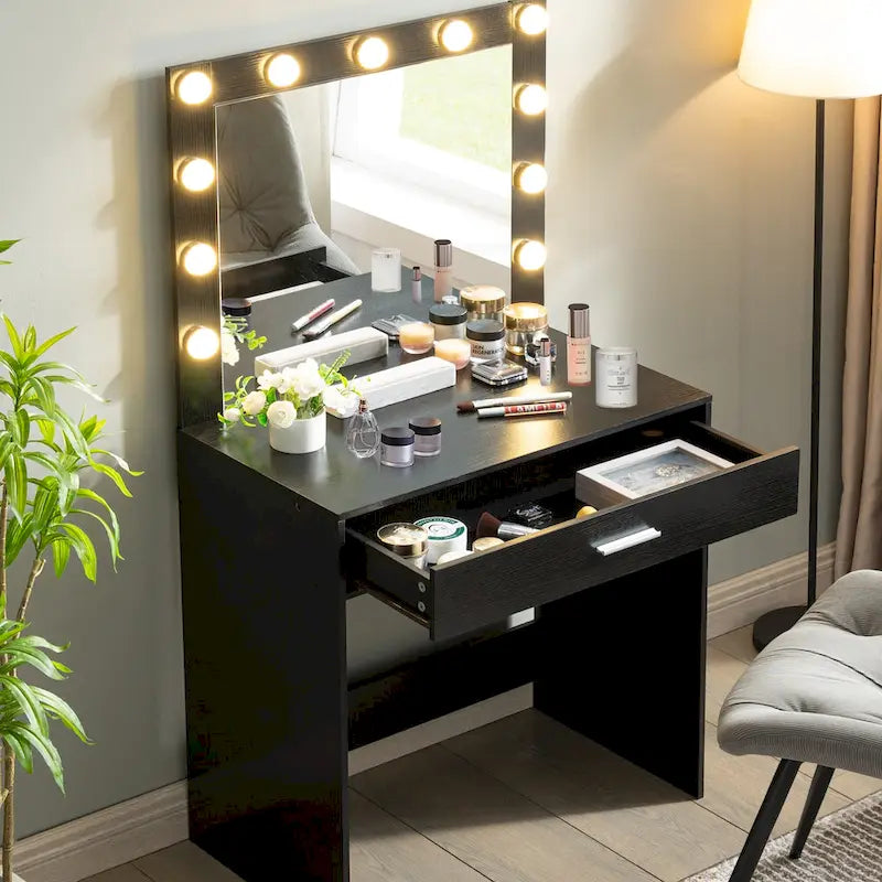 Pink/White/Black Vanity Dressing Table with 11 LED Bulbs, 1 Person