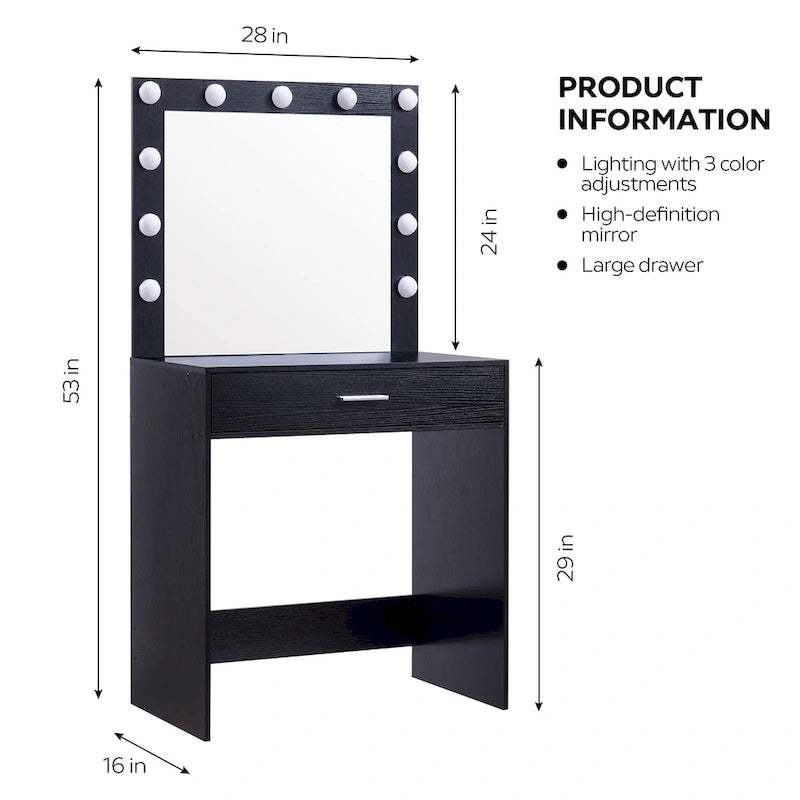 Pink/White/Black Vanity Dressing Table with 11 LED Bulbs, 1 Person