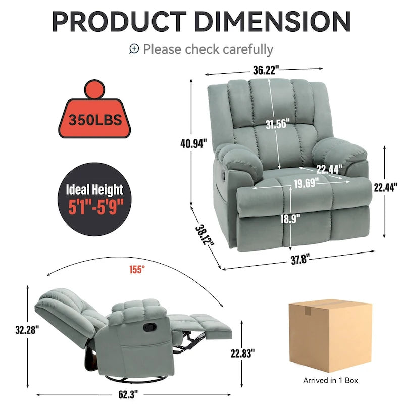 Blue / Green / Beige Oversized Swivel Rocking Recliner – Single Seat, Fabric Upholstery