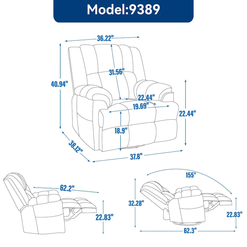Blue / Green / Beige Oversized Swivel Rocking Recliner – Single Seat, Fabric Upholstery