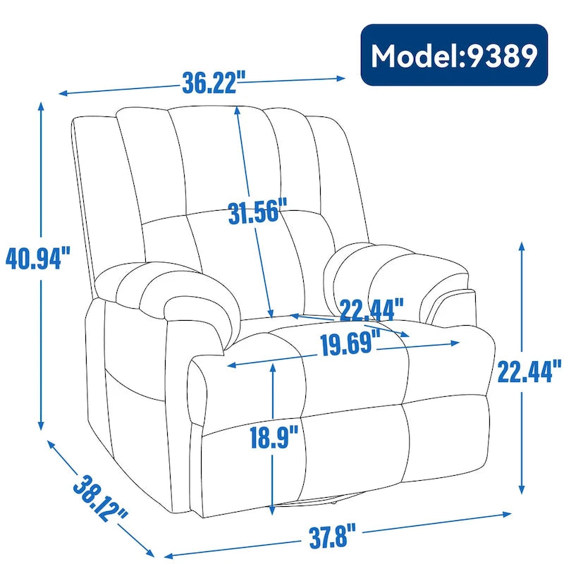 Blue / Green / Beige Oversized Swivel Rocking Recliner – Single Seat, Fabric Upholstery