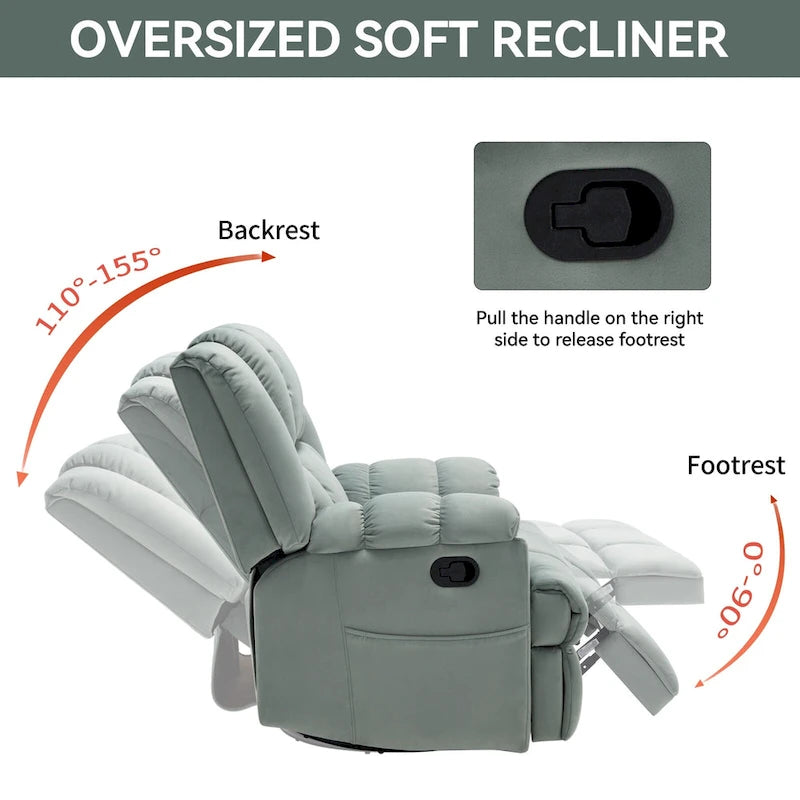 Blue / Green / Beige Oversized Swivel Rocking Recliner – Single Seat, Fabric Upholstery