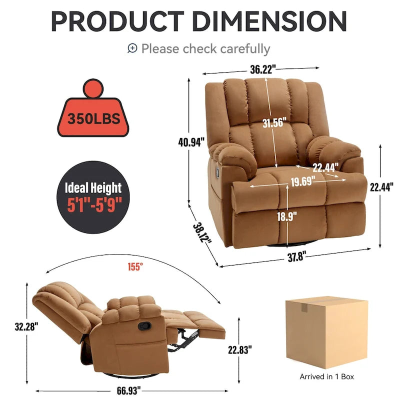 Blue / Green / Beige Oversized Swivel Rocking Recliner – Single Seat, Fabric Upholstery