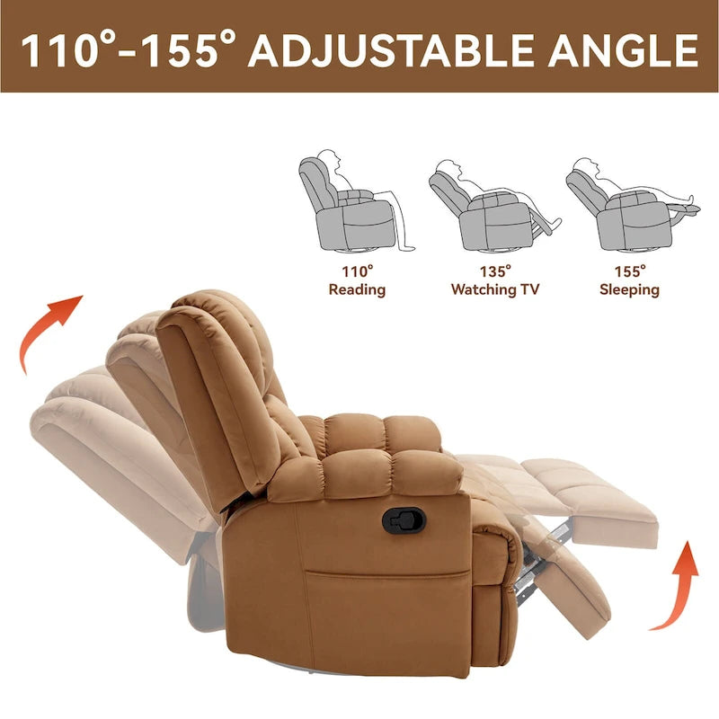 Blue / Green / Beige Oversized Swivel Rocking Recliner – Single Seat, Fabric Upholstery