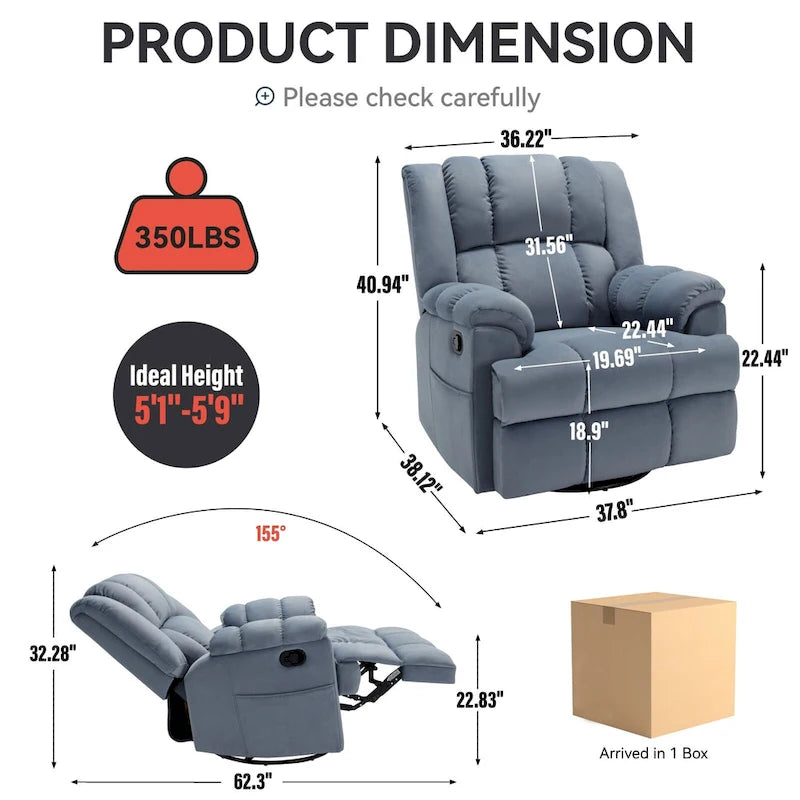 Blue / Green / Beige Oversized Swivel Rocking Recliner – Single Seat, Fabric Upholstery