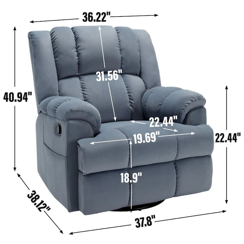 Blue / Green / Beige Oversized Swivel Rocking Recliner – Single Seat, Fabric Upholstery